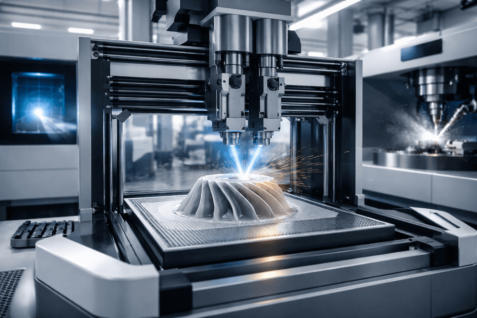 A high-tech 3D printer rapidly creating a prototype part in an industrial setting with precision and speed