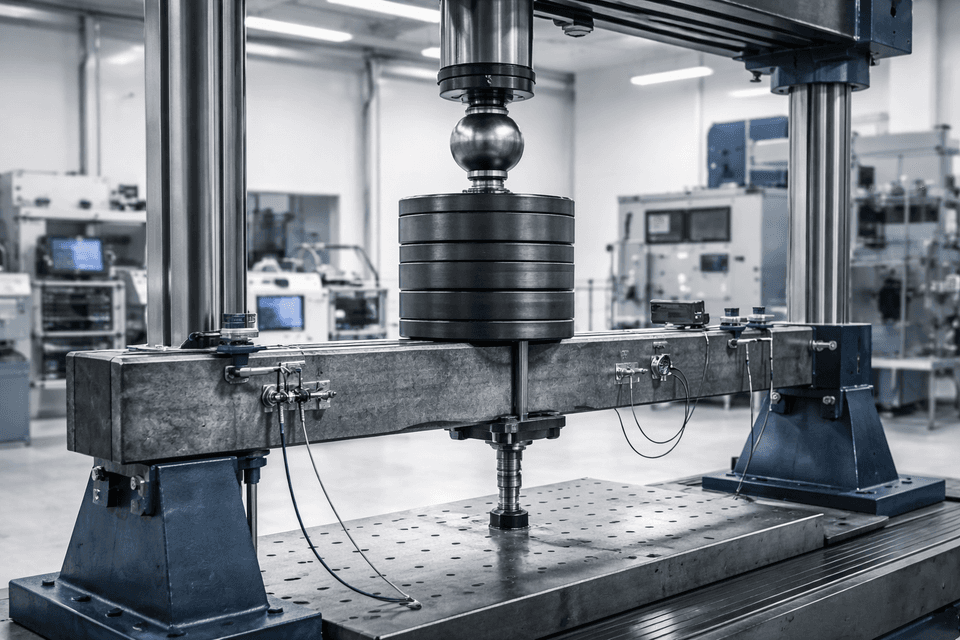 Industrial scene showing a high-strength metal beam under load testing in a modern lab environment.