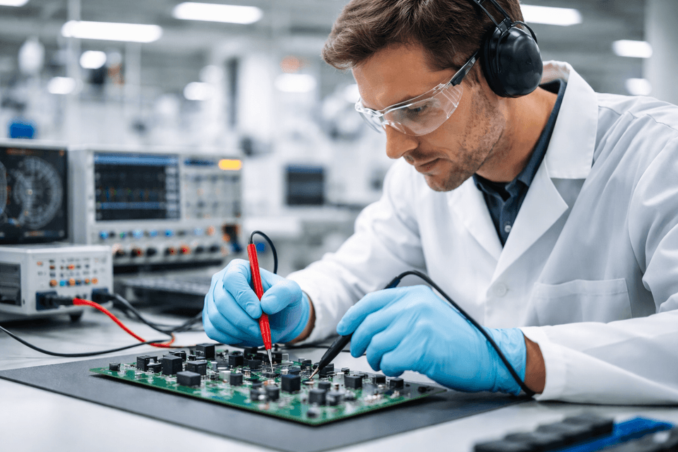 Industrial factory worker testing electronic equipment for hazardous substances compliance