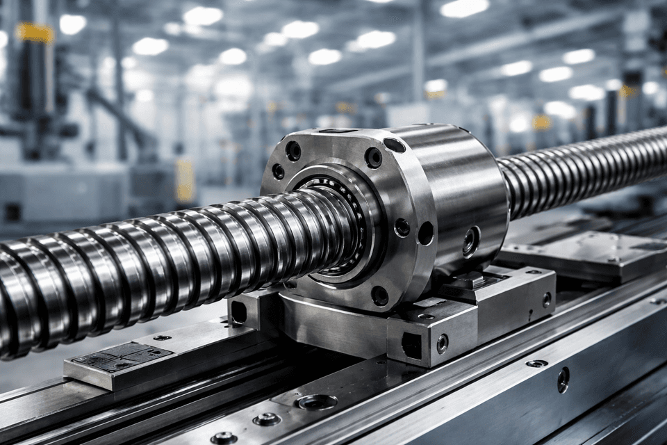 Photorealistic image of a screw cylinder mechanism in an industrial setting showing the screw thread converting rotary motion to linear motion