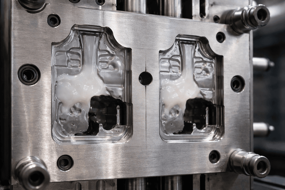 Photorealistic close-up of an injection molding machine showing a cavity with incomplete filling of molten plastic, highlighting the concept of short shot or incomplete injection in manufacturing