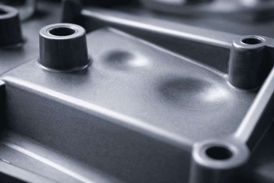 Photorealistic close-up image of a plastic injection molded part showing subtle surface depressions typical of sink marks under precise industrial lighting.