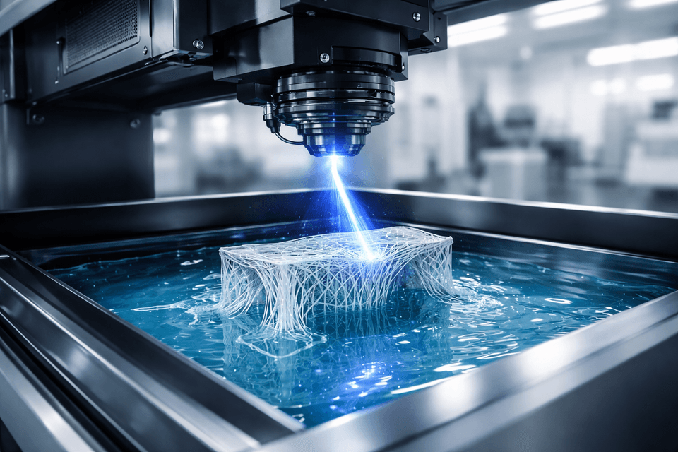 Close-up of a photopolymer resin being cured by a UV laser during an SLA 3D printing process