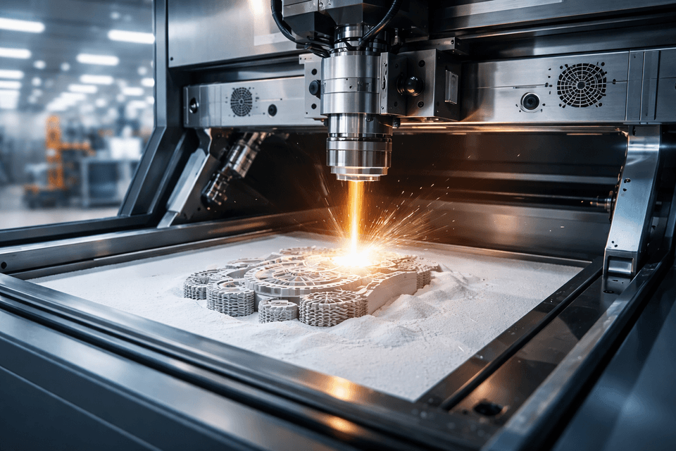 Industrial 3D printing machine performing laser sintering on plastic powder in a factory setting