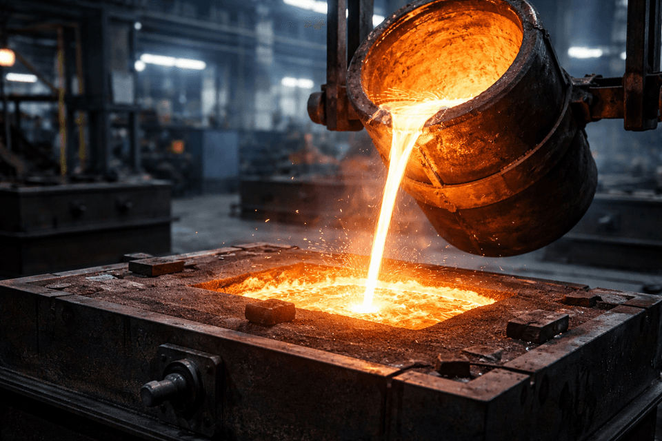 Molten metal cooling and solidifying in an industrial casting mold