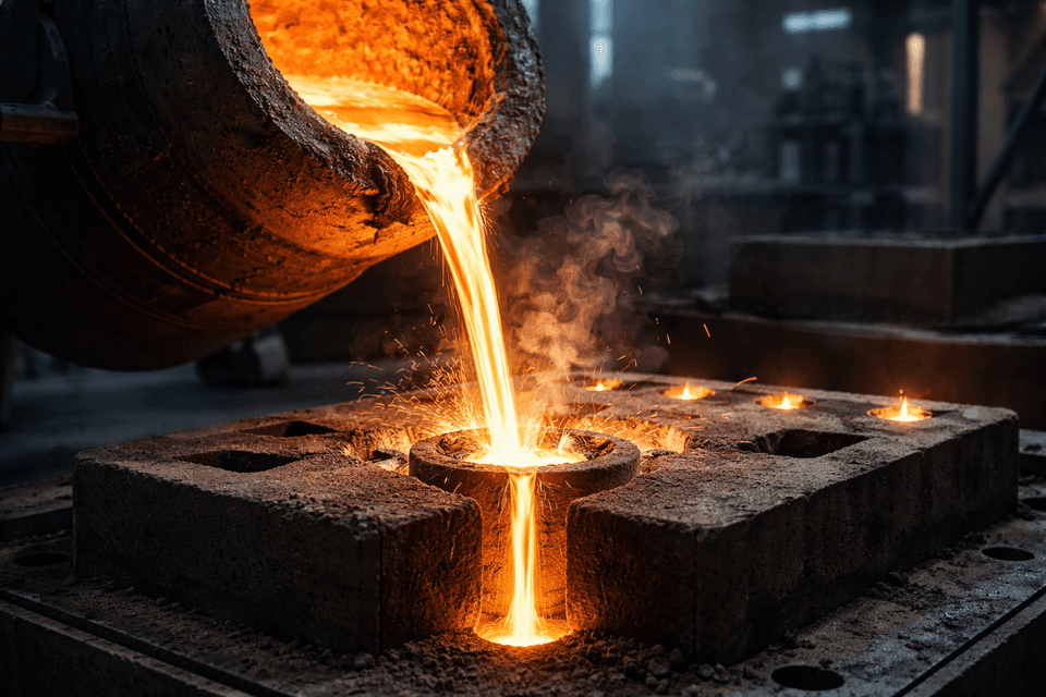 Photorealistic image of a metal casting process showing the sprue feeding molten metal into the mold