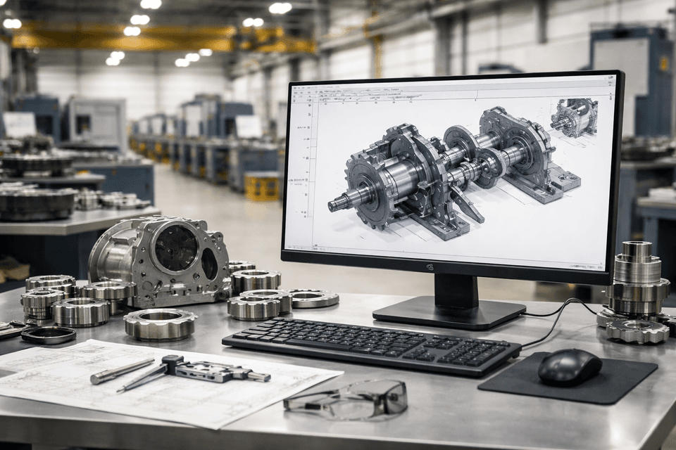 Photorealistic image of a computer screen displaying a 3D CAD model with industrial machinery around.