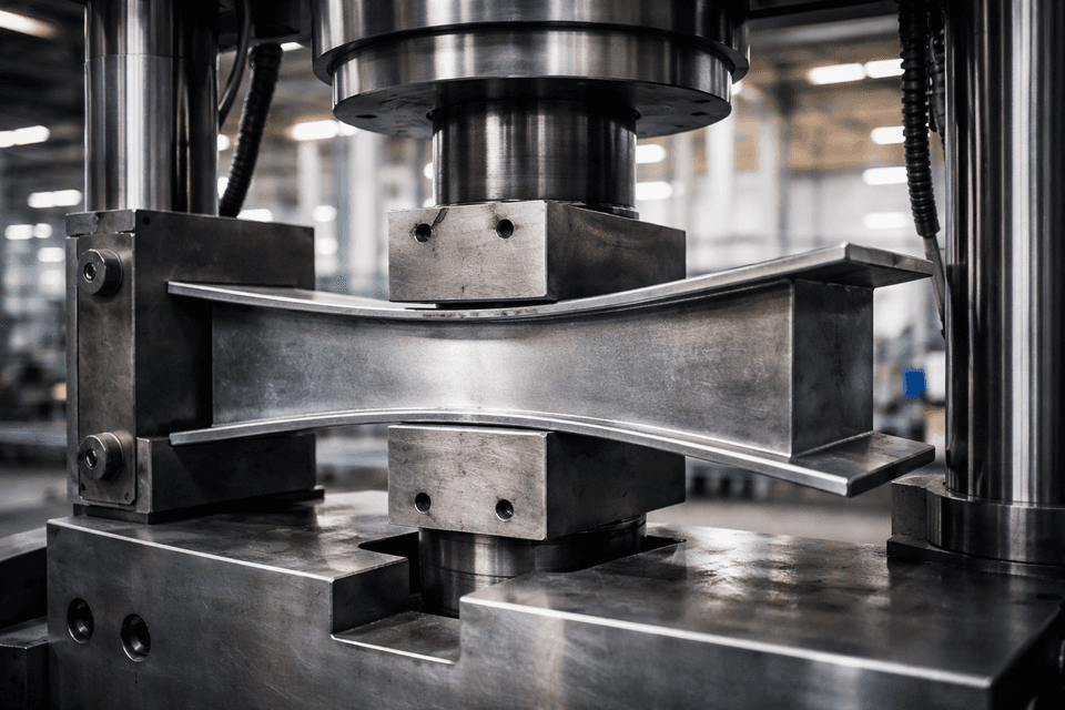 Close-up of a metal beam under load showing resistance to deformation