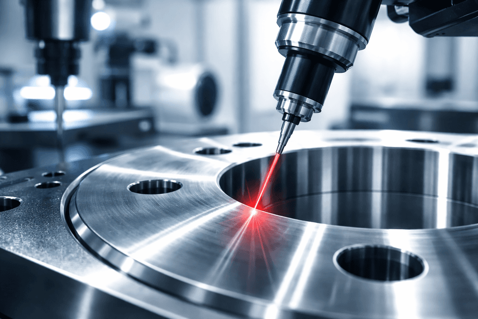 Close-up of a highly polished metal surface being measured by a precision laser device in an industrial setting