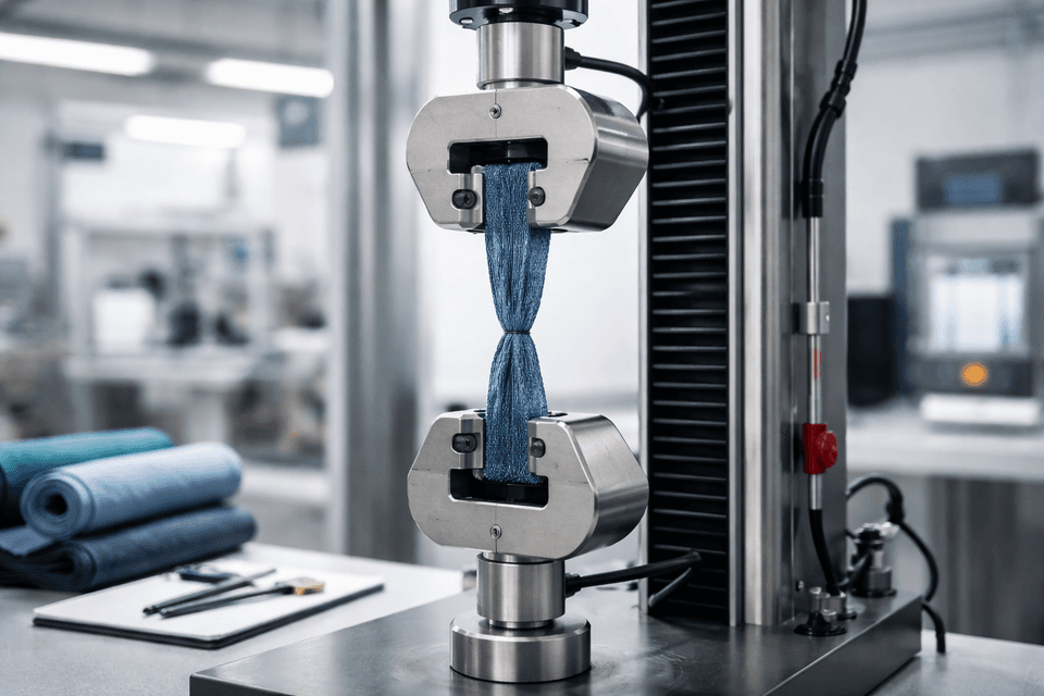 Close-up of a tensile testing machine measuring the tear strength of a textile material in an industrial lab setting