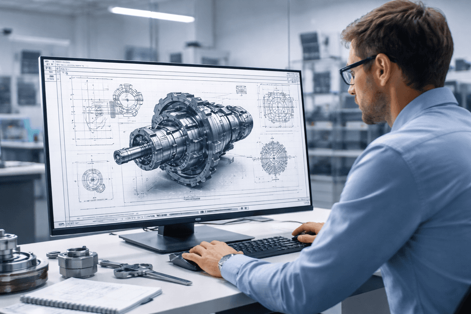 Industrial engineer creates a detailed technical drawing on a large touchscreen display in a modern factory environment, CAD software interface visible, high precision in design
