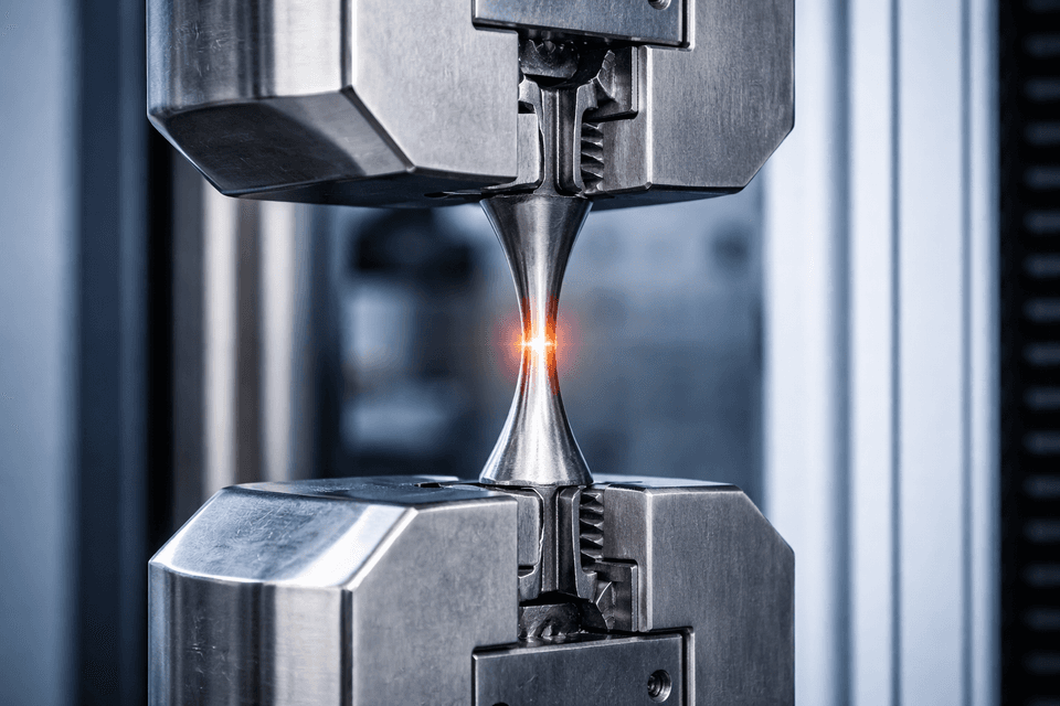 Close-up of a metal sample undergoing tensile testing in an industrial lab