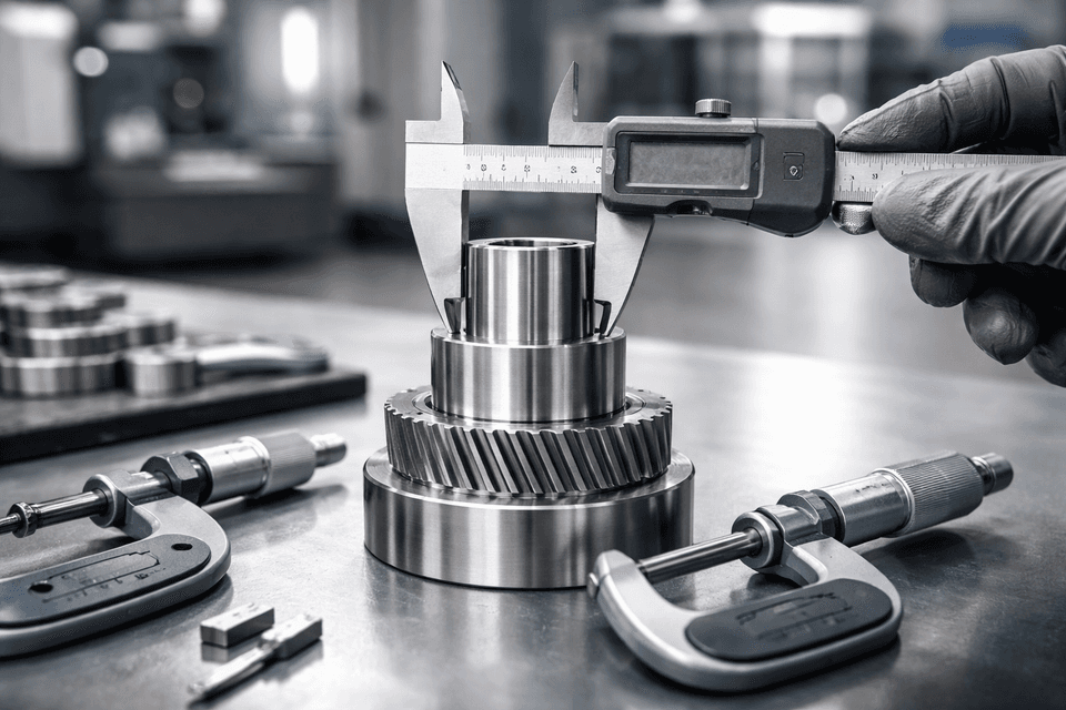 Close-up of a precision-engineered metal component with measurement instruments verifying its dimensions