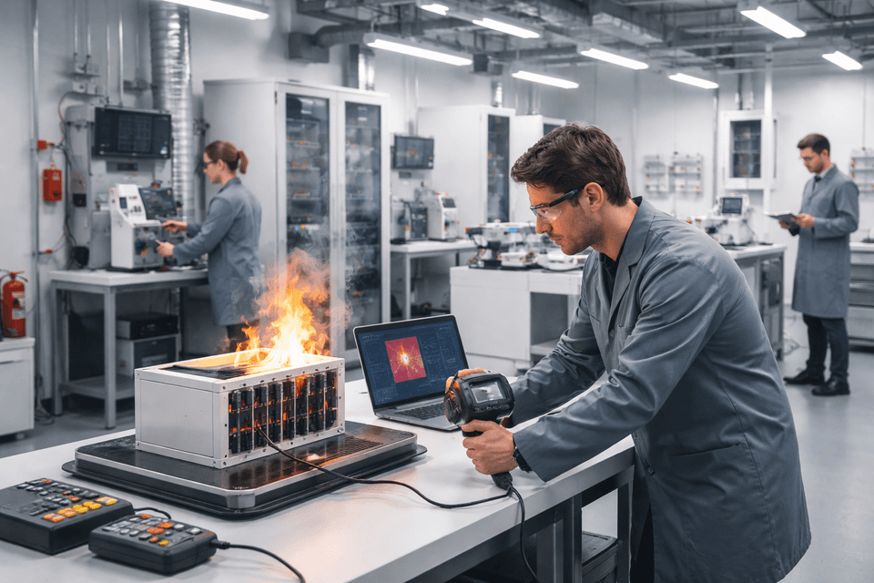 Industrial testing laboratory with technicians examining electrical devices for safety certification