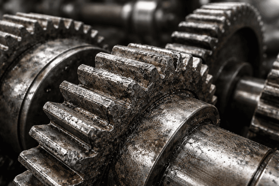 Close-up of worn metal gear teeth showing surface degradation due to friction and abrasion in an industrial setting