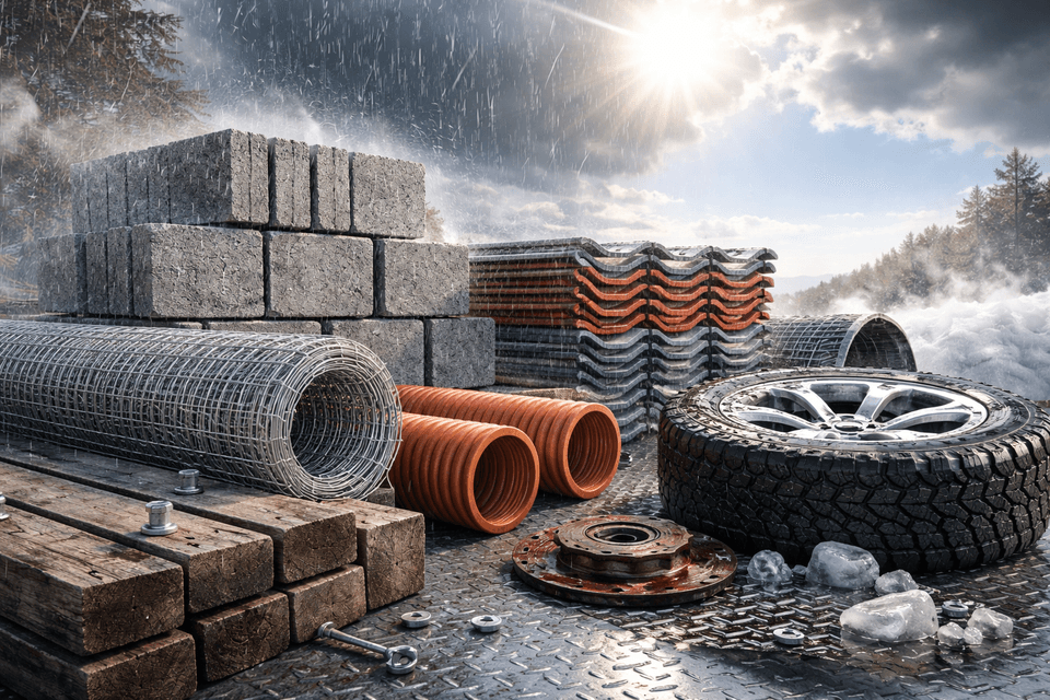 Photorealistic image of outdoor industrial materials exposed to rain and sun showing durability