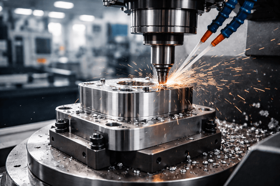 Close-up of a metal workpiece being machined on a CNC milling machine in an industrial workshop