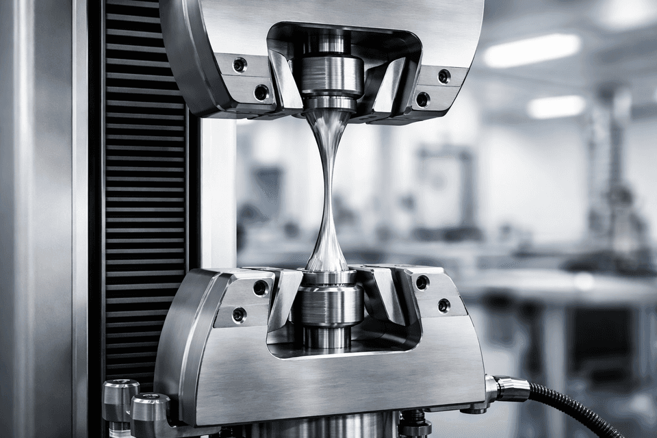 Close-up of a metal tensile test in industrial lab showing stress and strain application