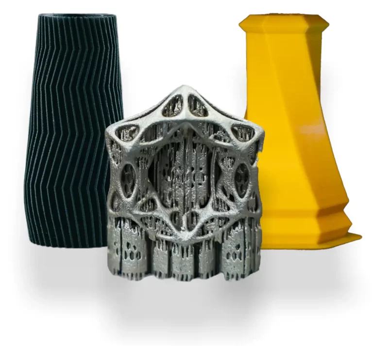 Drei verschiedene Beispiele für 3D-Druckteile mit verschiedenen Oberflächenstrukturen
